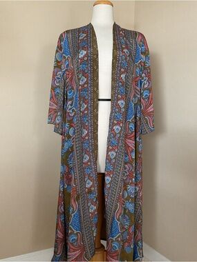 Bohemian Floral Maxi Kimono Robe in Olive, Blue & Pink